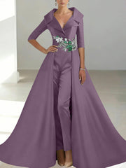 A-Line/Princess Shirt Collar Satin Mother of the Bride Jumpsuit Overskirt Floral Sequins Pocket Half Sleeves Floor-Length