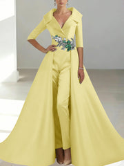 A-Line/Princess Shirt Collar Satin Mother of the Bride Jumpsuit Overskirt Floral Sequins Pocket Half Sleeves Floor-Length