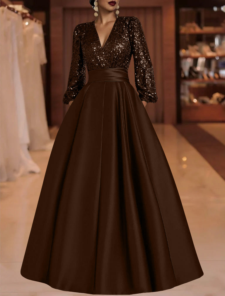 A Line Princess V Neck Satin Mother Of The Bride Dresses Sequins Pocket Long Sleeves Floor Length