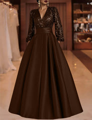 A Line Princess V Neck Satin Mother Of The Bride Dresses Sequins Pocket Long Sleeves Floor Length