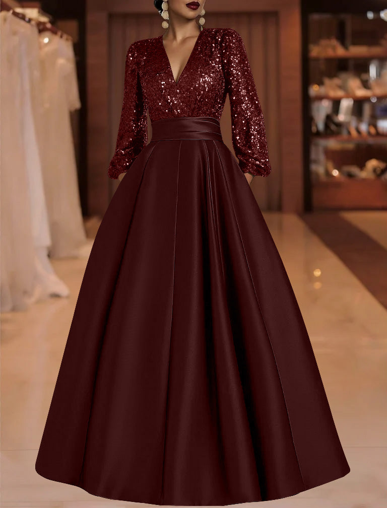 A Line Princess V Neck Satin Mother Of The Bride Dresses Sequins Pocket Long Sleeves Floor Length