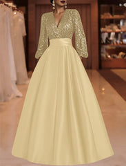 A Line Princess V Neck Satin Mother Of The Bride Dresses Sequins Pocket Long Sleeves Floor Length