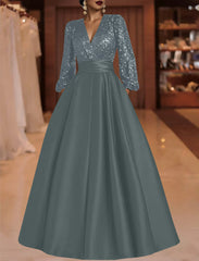 A Line Princess V Neck Satin Mother Of The Bride Dresses Sequins Pocket Long Sleeves Floor Length