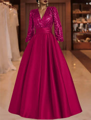 A Line Princess V Neck Satin Mother Of The Bride Dresses Sequins Pocket Long Sleeves Floor Length