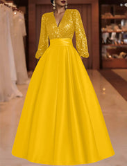 A Line Princess V Neck Satin Mother Of The Bride Dresses Sequins Pocket Long Sleeves Floor Length