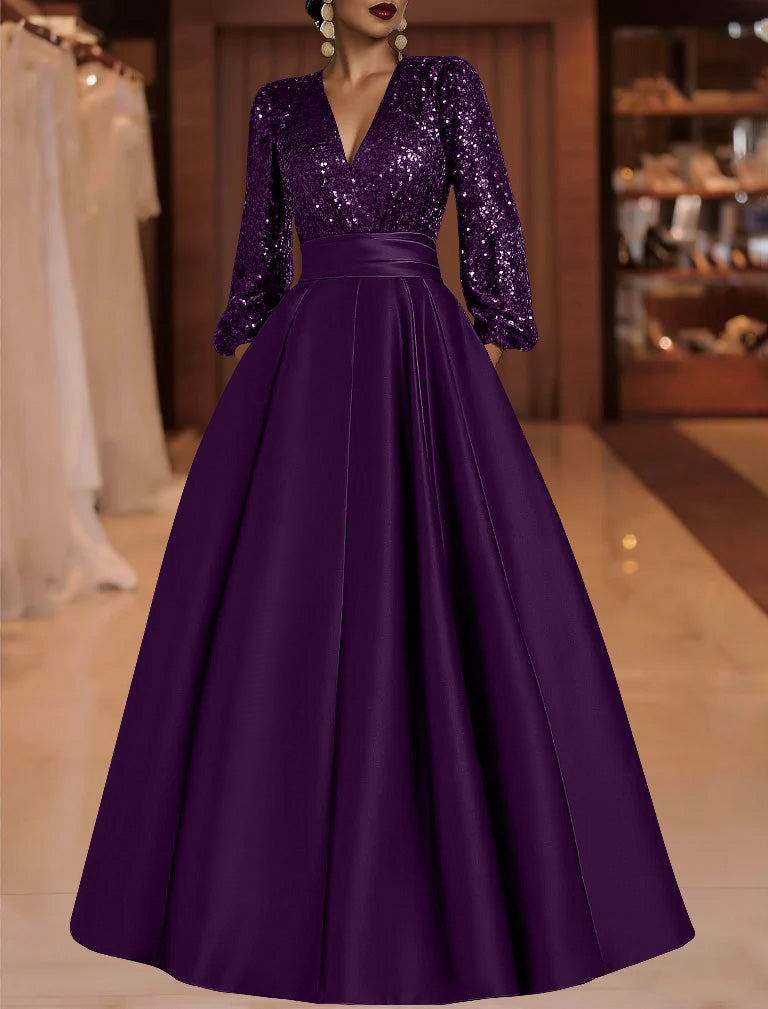 A Line Princess V Neck Satin Mother Of The Bride Dresses Sequins Pocket Long Sleeves Floor Length