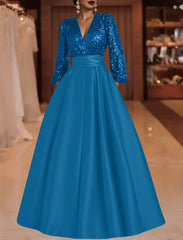 A Line Princess V Neck Satin Mother Of The Bride Dresses Sequins Pocket Long Sleeves Floor Length