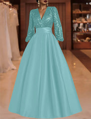 A Line Princess V Neck Satin Mother Of The Bride Dresses Sequins Pocket Long Sleeves Floor Length