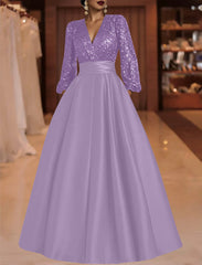 A Line Princess V Neck Satin Mother Of The Bride Dresses Sequins Pocket Long Sleeves Floor Length