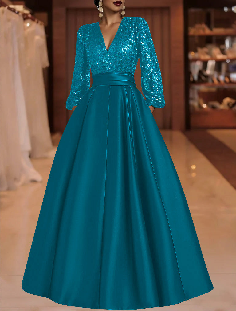 A Line Princess V Neck Satin Mother Of The Bride Dresses Sequins Pocket Long Sleeves Floor Length