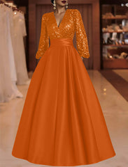 A Line Princess V Neck Satin Mother Of The Bride Dresses Sequins Pocket Long Sleeves Floor Length