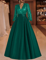 A Line Princess V Neck Satin Mother Of The Bride Dresses Sequins Pocket Long Sleeves Floor Length