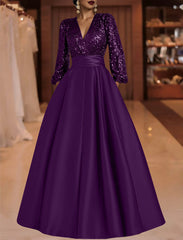 A Line Princess V Neck Satin Mother Of The Bride Dresses Sequins Pocket Long Sleeves Floor Length
