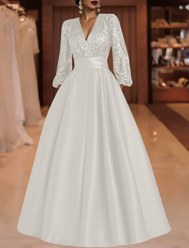 A Line Princess V Neck Satin Mother Of The Bride Dresses Sequins Pocket Long Sleeves Floor Length