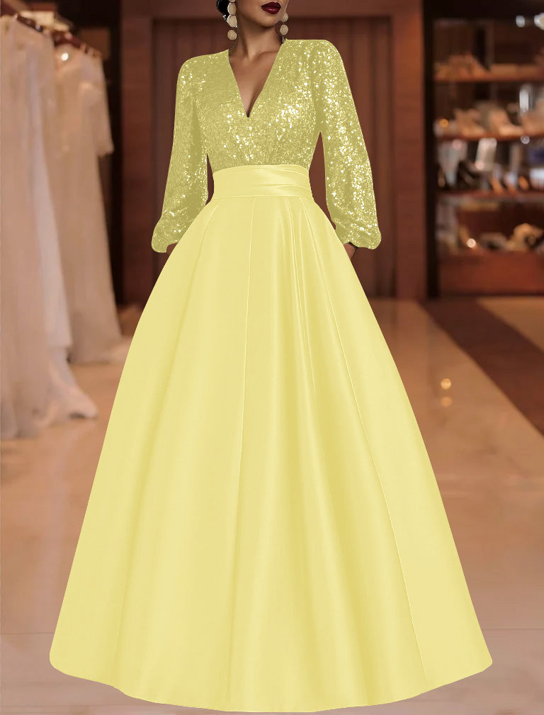 A Line Princess V Neck Satin Mother Of The Bride Dresses Sequins Pocket Long Sleeves Floor Length