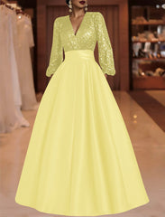 A Line Princess V Neck Satin Mother Of The Bride Dresses Sequins Pocket Long Sleeves Floor Length