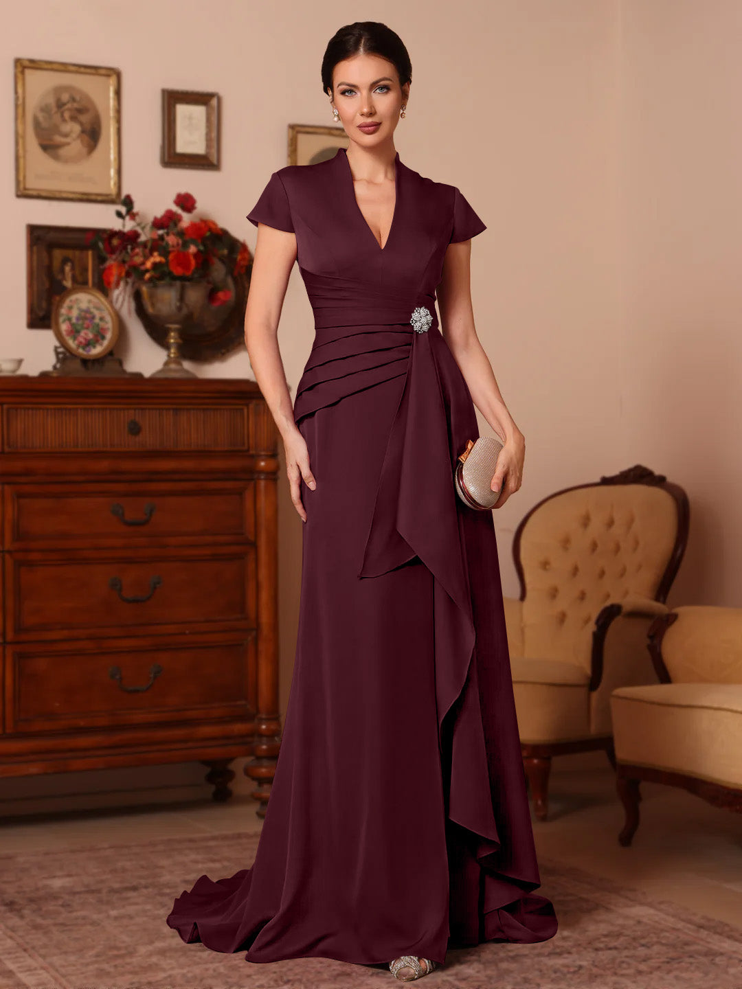 Trumpet Mermaid V Neck Stretch Satin Mother Of The Bride Dresses Floor Length Sweep Train Cap Sleeves Ruffles