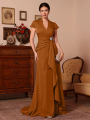 Trumpet/Mermaid V-Neck Stretch Satin Mother of the Bride Dresses Floor-Length Sweep Train Cap Sleeves Ruffles