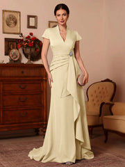 Trumpet Mermaid V Neck Stretch Satin Mother Of The Bride Dresses Floor Length Sweep Train Cap Sleeves Ruffles