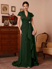Trumpet Mermaid V Neck Stretch Satin Mother Of The Bride Dresses Floor Length Sweep Train Cap Sleeves Ruffles