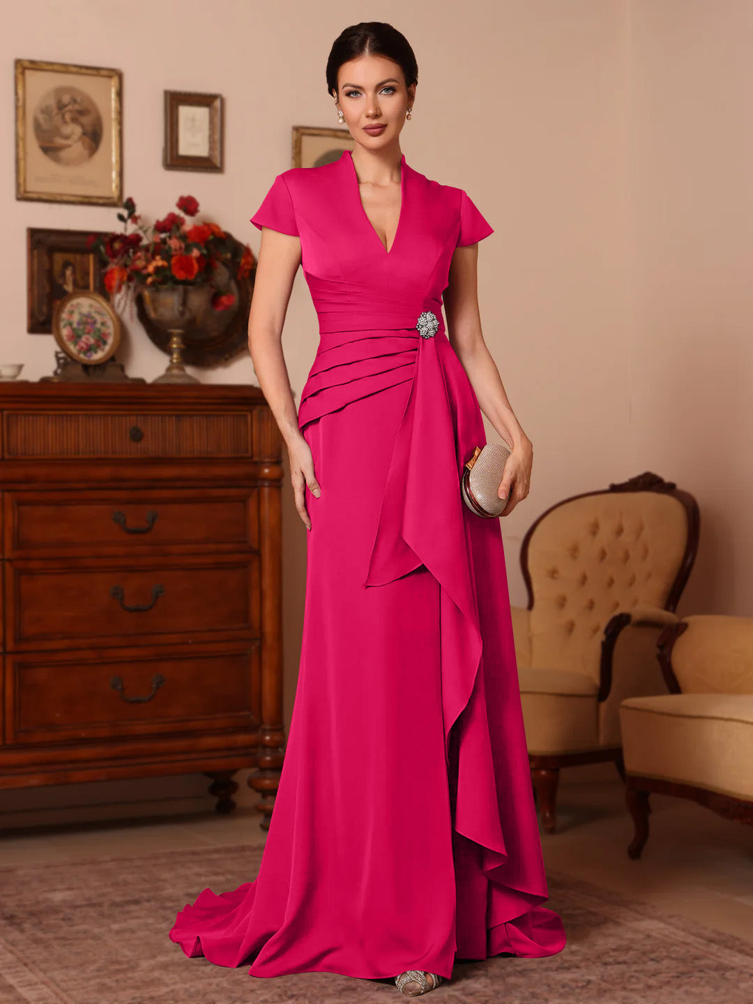 Trumpet Mermaid V Neck Stretch Satin Mother Of The Bride Dresses Floor Length Sweep Train Cap Sleeves Ruffles