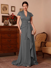 Trumpet Mermaid V Neck Stretch Satin Mother Of The Bride Dresses Floor Length Sweep Train Cap Sleeves Ruffles