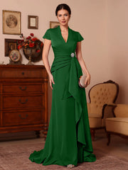 Trumpet Mermaid V Neck Stretch Satin Mother Of The Bride Dresses Floor Length Sweep Train Cap Sleeves Ruffles