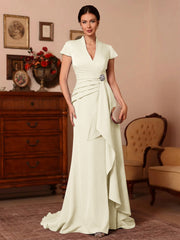 Trumpet Mermaid V Neck Stretch Satin Mother Of The Bride Dresses Floor Length Sweep Train Cap Sleeves Ruffles