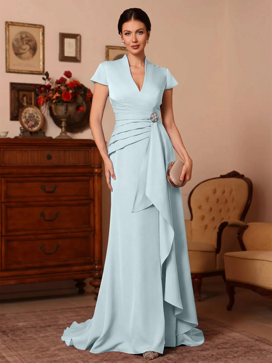 Trumpet Mermaid V Neck Stretch Satin Mother Of The Bride Dresses Floor Length Sweep Train Cap Sleeves Ruffles