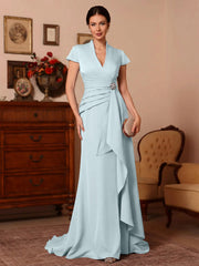 Trumpet Mermaid V Neck Stretch Satin Mother Of The Bride Dresses Floor Length Sweep Train Cap Sleeves Ruffles