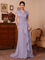 Trumpet Mermaid V Neck Stretch Satin Mother Of The Bride Dresses Floor Length Sweep Train Cap Sleeves Ruffles
