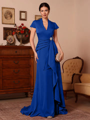 Trumpet Mermaid V Neck Stretch Satin Mother Of The Bride Dresses Floor Length Sweep Train Cap Sleeves Ruffles