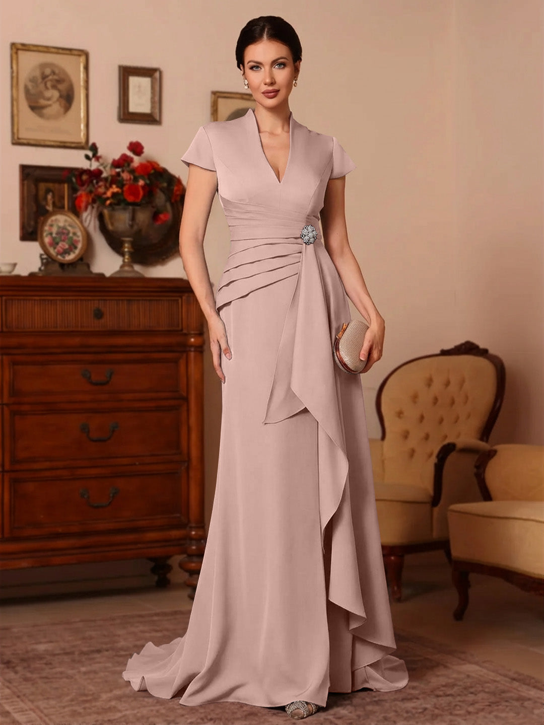 Trumpet Mermaid V Neck Stretch Satin Mother Of The Bride Dresses Floor Length Sweep Train Cap Sleeves Ruffles