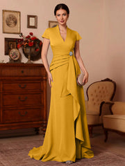 Trumpet Mermaid V Neck Stretch Satin Mother Of The Bride Dresses Floor Length Sweep Train Cap Sleeves Ruffles