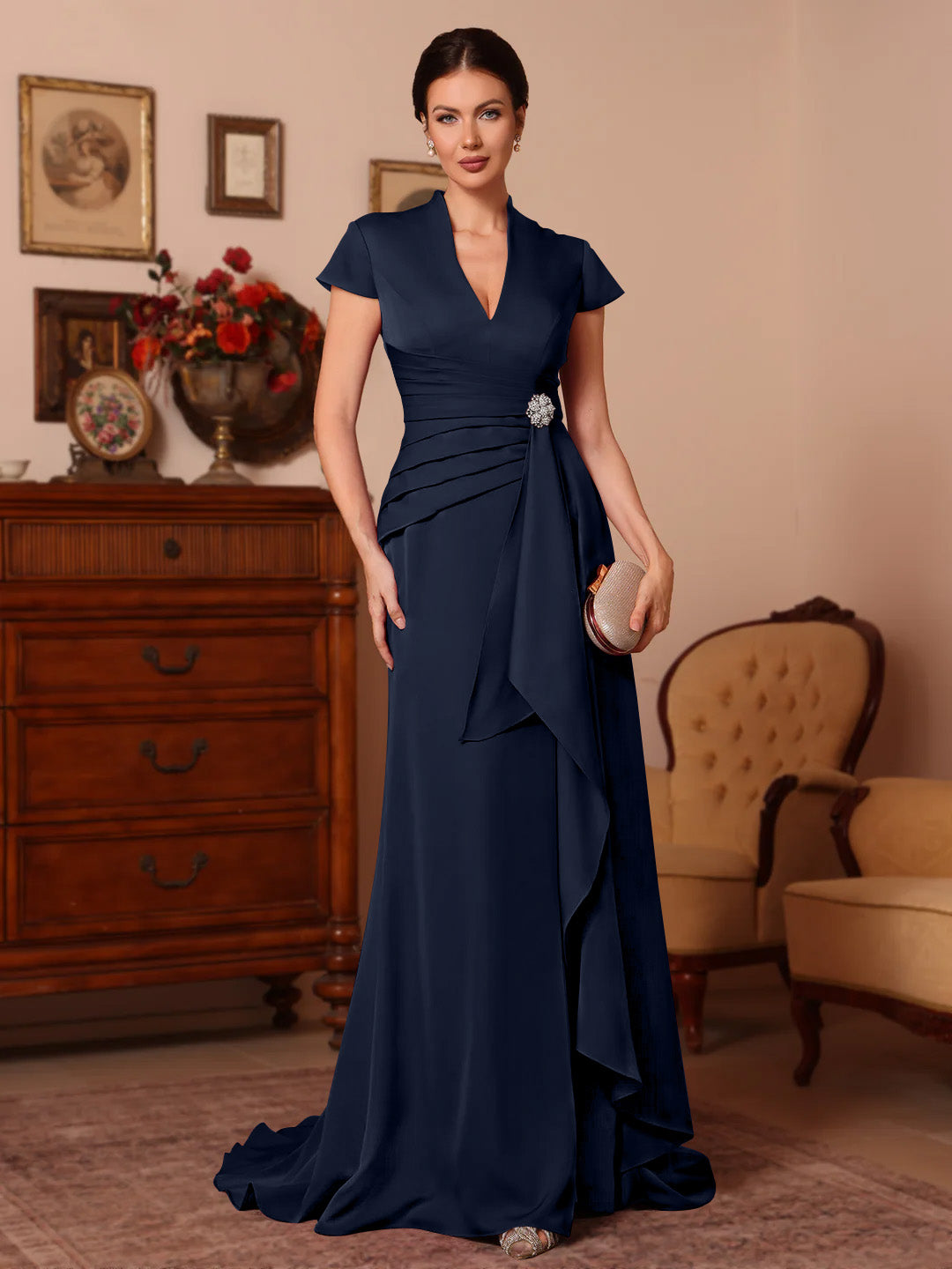 Trumpet Mermaid V Neck Stretch Satin Mother Of The Bride Dresses Floor Length Sweep Train Cap Sleeves Ruffles