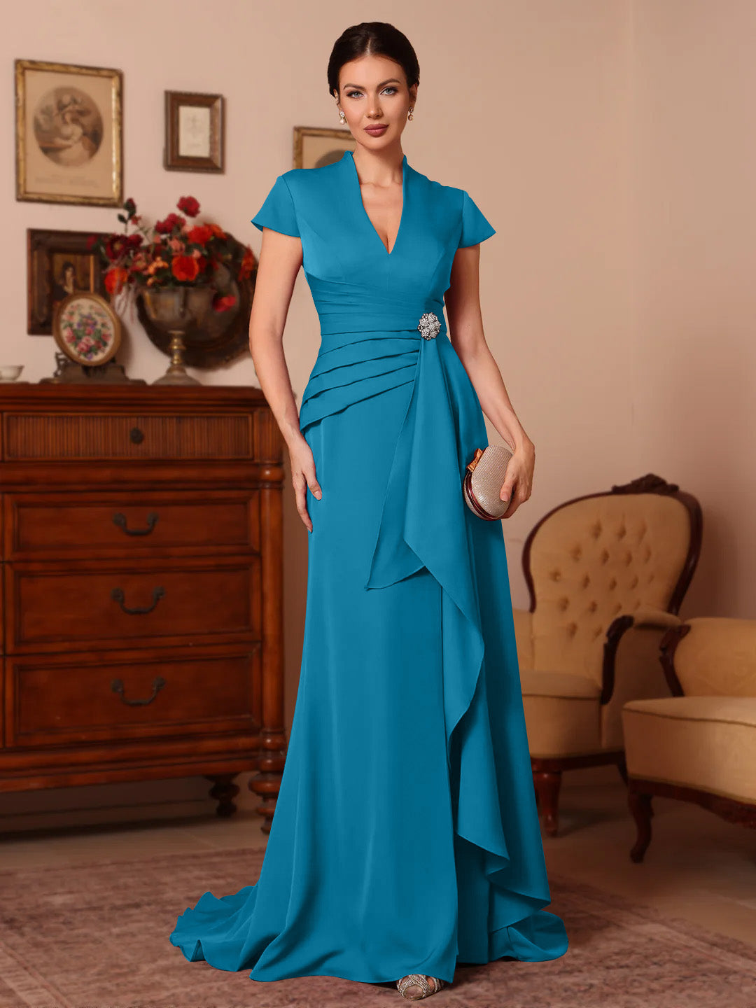 Trumpet Mermaid V Neck Stretch Satin Mother Of The Bride Dresses Floor Length Sweep Train Cap Sleeves Ruffles