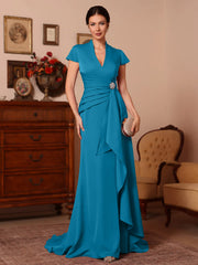 Trumpet Mermaid V Neck Stretch Satin Mother Of The Bride Dresses Floor Length Sweep Train Cap Sleeves Ruffles