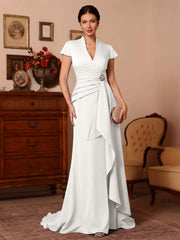 Trumpet Mermaid V Neck Stretch Satin Mother Of The Bride Dresses Floor Length Sweep Train Cap Sleeves Ruffles