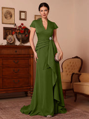 Trumpet Mermaid V Neck Stretch Satin Mother Of The Bride Dresses Floor Length Sweep Train Cap Sleeves Ruffles
