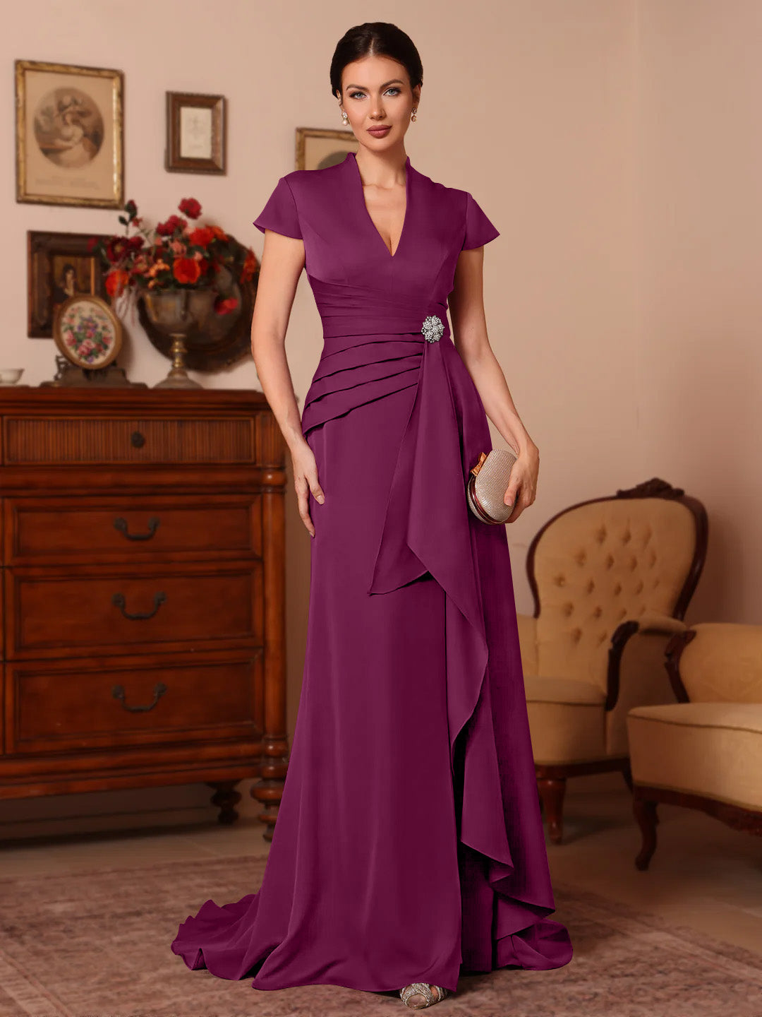 Trumpet Mermaid V Neck Stretch Satin Mother Of The Bride Dresses Floor Length Sweep Train Cap Sleeves Ruffles