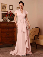 Trumpet Mermaid V Neck Stretch Satin Mother Of The Bride Dresses Floor Length Sweep Train Cap Sleeves Ruffles