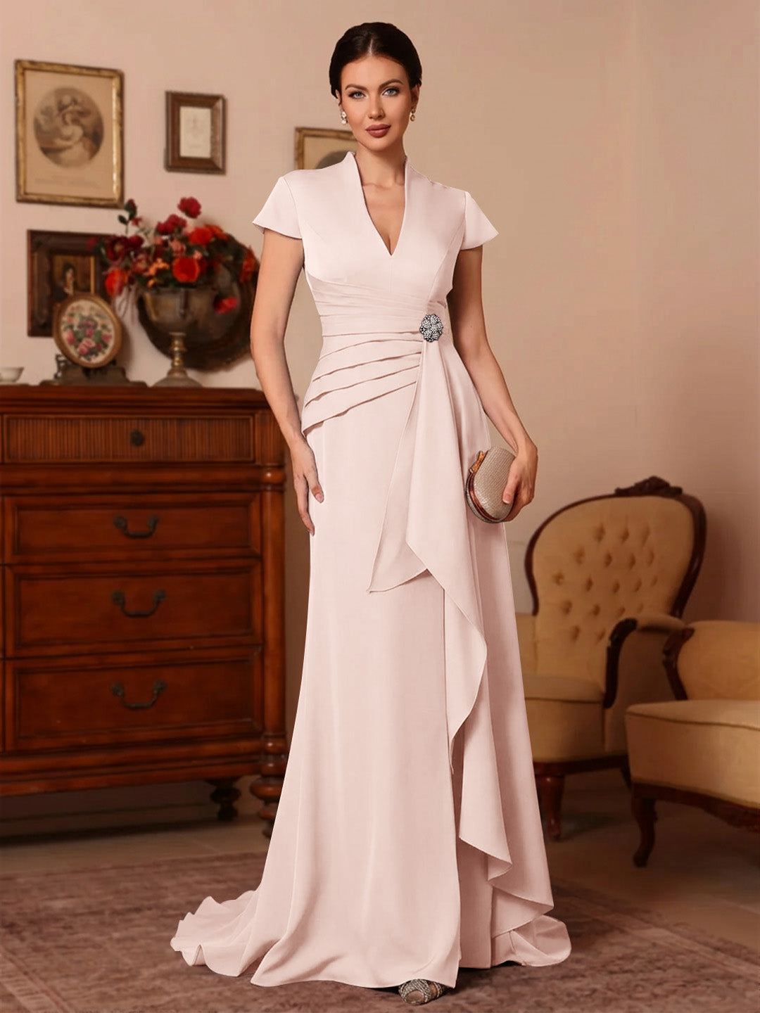 Trumpet Mermaid V Neck Stretch Satin Mother Of The Bride Dresses Floor Length Sweep Train Cap Sleeves Ruffles