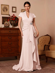 Trumpet Mermaid V Neck Stretch Satin Mother Of The Bride Dresses Floor Length Sweep Train Cap Sleeves Ruffles