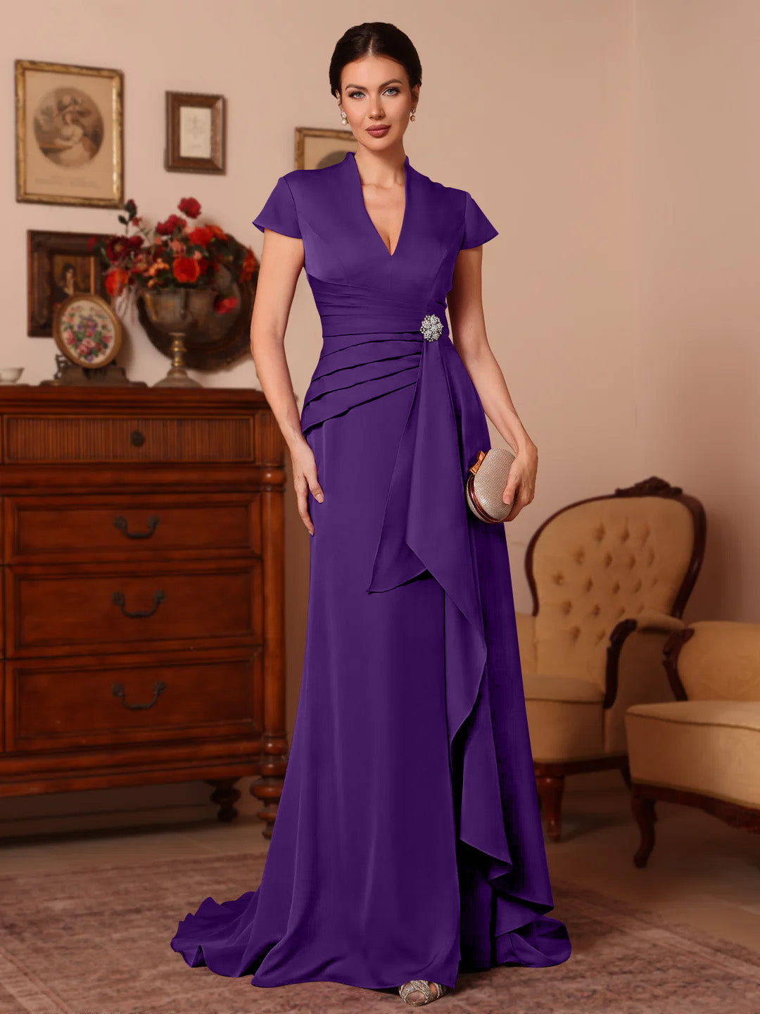 Trumpet Mermaid V Neck Stretch Satin Mother Of The Bride Dresses Floor Length Sweep Train Cap Sleeves Ruffles