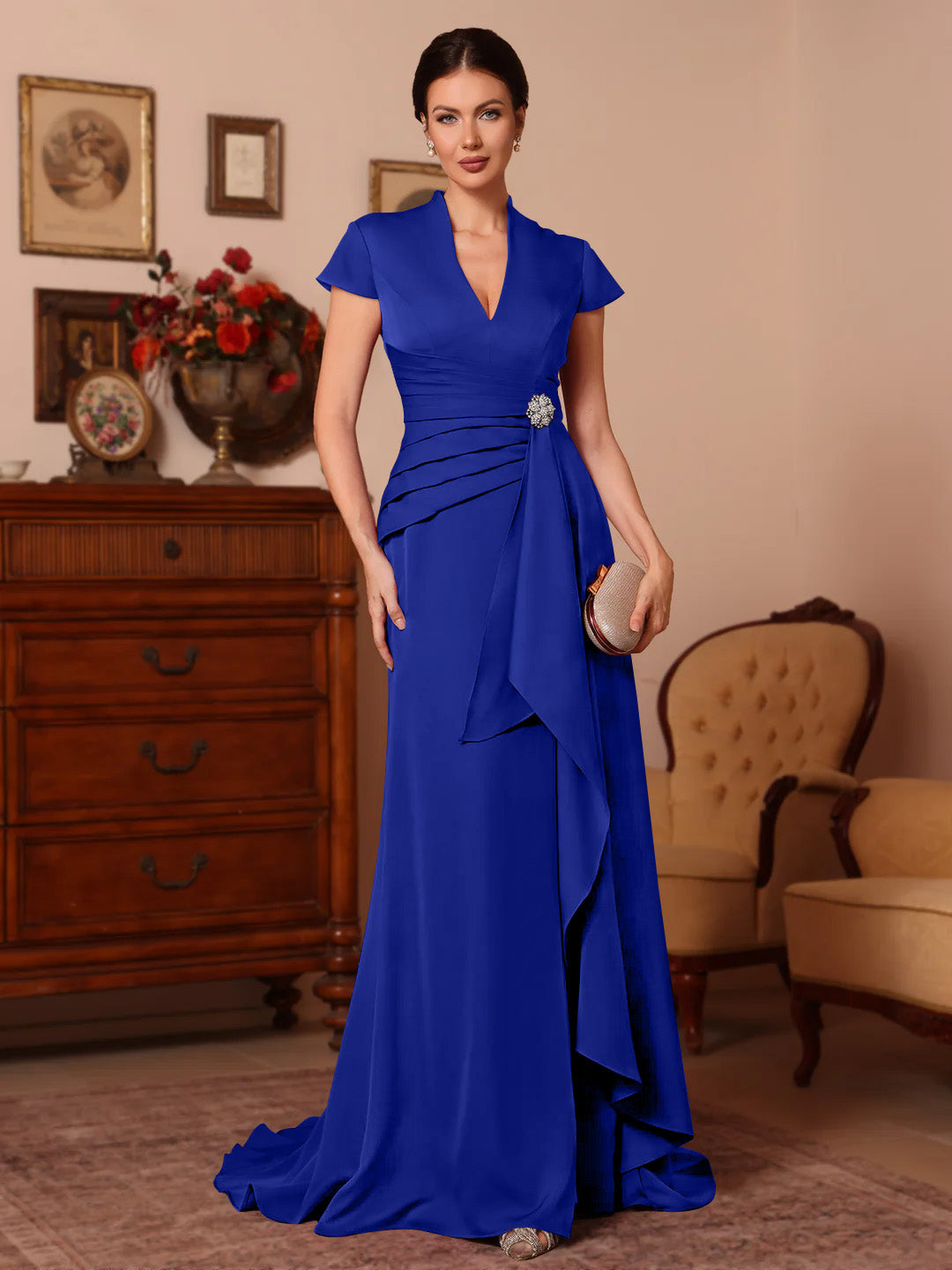Trumpet Mermaid V Neck Stretch Satin Mother Of The Bride Dresses Floor Length Sweep Train Cap Sleeves Ruffles