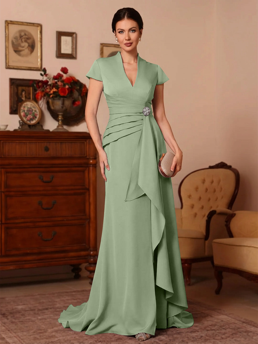 Trumpet Mermaid V Neck Stretch Satin Mother Of The Bride Dresses Floor Length Sweep Train Cap Sleeves Ruffles