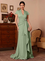 Trumpet Mermaid V Neck Stretch Satin Mother Of The Bride Dresses Floor Length Sweep Train Cap Sleeves Ruffles