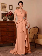 Trumpet Mermaid V Neck Stretch Satin Mother Of The Bride Dresses Floor Length Sweep Train Cap Sleeves Ruffles