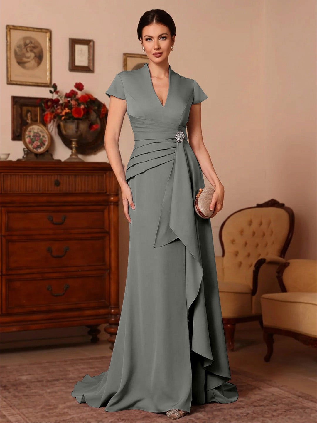 Trumpet Mermaid V Neck Stretch Satin Mother Of The Bride Dresses Floor Length Sweep Train Cap Sleeves Ruffles