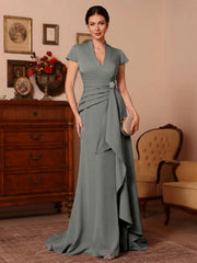 Trumpet Mermaid V Neck Stretch Satin Mother Of The Bride Dresses Floor Length Sweep Train Cap Sleeves Ruffles